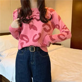 Sweaters Korean Casual Autumn Pink Leopard V-Neck Long Sleeve Cardigans Loose Coat Pull