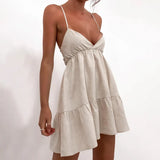 Fongt Early Spring Ins Wind New Retro A-Line Slip Dress Sexy Hot Girl Pleated Cotton Linen V-Neck Dress-Outfit