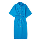 2022 Short Sleeve Summer New Women Fold Mini Dress Retro Slim Elastic Button Pleated Shirt Lapel