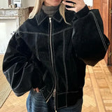 Stitching Details Oversized Leather Jacket-Outfit