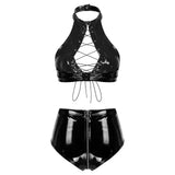 Fongt Ladies PVC Mirror Leather Vest Sexy Zipper Open Gear Shorts Size Accurate Odor Free-Outfit