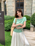 Fongt Xixi 13 Lines 2025 Summer New Korean Version Of Temperament Lace Jersey Short-Sleeved Top 89361