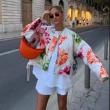 Fongt Summer Women's Retro Loose-Fitting Round-Neck Long-Sleeved Flower Print Drawstring Cotton Coat
