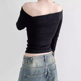 Fongt Wind Foundation Simple Solid Color One Word Collar Off-Shoulder Bottom T-Shirt 2023 New Temperament Age Reduction Slim Jacket-Outfit