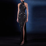 Fongt Fashion Heavy Industry Three-Dimensional Nails Studded Elastic Hanging Neck Long Dress Dress Dress