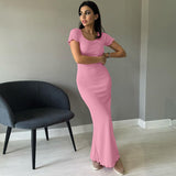Fongt Summer New Women's Solid Color Temperament U Collar Short Sleeve Slim Long Dress