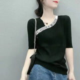 Letter Patchwork Knitted T-shirt Fashion V-Neck Female Clothing All-match Straight Summer Korean Asymmetrical Pullovers-Outfit
