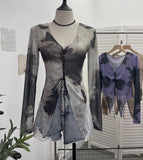 Real Shooting Hottie Slear Dye Printing V Tie With Hollow Irregular Shoulder Long-Sleeved T-Shirt