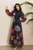 Fongt Court-Print Bubble-Sleeved Dress Women's Autumn Strap-In Belt Design Super Fairy Long Dress Dress