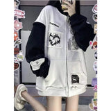 Grunge Black White Patchwork Oversize Sweatshirts Women Gothic Streetwear Print Hoodies Female Pockets Zip Up