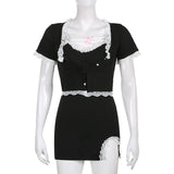 Lace Trim Split Summer Dress Set Sweet Sexy Slim 2 Pieces Sets Short Sleeve Cardigan Crop Top V-Neck Mini Camis