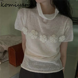 Floral Patchwork Ropa Mujer Half High Collar Tops Short Sleeve T Shirt Korean Chic Camisetas Summer Knitted Clothes Women-Outfit