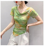 Printed Mesh Tee Shirt Female Slash Neck Short Sleeve Irregular T Shirts Women Summer T-shirt Top-Outfit