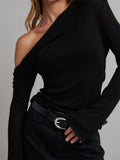 Knitted Long Flare Sleeve Solid Slim Fit T-shirts Top for Women Off Shoulder Casual Basic Tees Shirts Streetwear 2023-Outfit