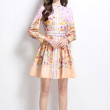 Fongt Elegant High-End Dress Woman 2025 New Collar Lantern Sleeve Buckle Waist Print Dress