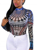 Women Bodysuits Ethnic Sexy Long Sleeve Shirt Jumpsuit Bodysuit Stretch Leotard Slim Print Bodycon Summer Bodysuit Tops-Outfit