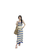 Retro Striped Knitted Sling Dress Girl Spring And Autumn New Bag Hip Chic Temperament Open Fork Long