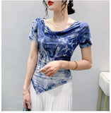 Printed Mesh Tee Shirt Female Slash Neck Short Sleeve Irregular T Shirts Women Summer T-shirt Top-Outfit