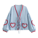 Spring Style Casual Loose Plaid Love Ribbon Lace Shirt-Outfit