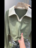 Short Style Polo Shirt Embroidered Alphabet Design Sense Minority Lapel Clavicle V-Collar Blouse Long-Sleeved T-Shirt Women's