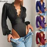 V-neck Long Sleeve Lace Patchwork Bodysuit Women Solid Elegant Women Playsuit Street Spring Autumn Women Body Top