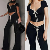 Fongt 2024 Fashion Suit New Women's Sexy Sweet Hot Girl Short Top Draw Rope Wide Leg Pants Fashion