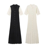 Fongt Summer Women's Fashion Simple Solid Color Button Short Sleeve Knitted Dress
