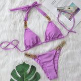 Fongt New Sexy Metal Accessories Rhinestone Solid Color Bikini Female Split Swimsuit Strap