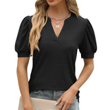 2024 New V-Neck Bubble Sleeve Pleated Short Sleeve Loose T-Shirt Top-Outfit