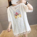 Daisy Gauze Spliced Pullovers Casual Female Clothing Fake Two Pieces Summer Korean Printed Commute Loose Midi T-shirt-Outfit