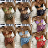 2022 New Drawstring Strapped Short Skirt Mesh Three-Piece Swimsuit