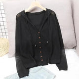 Knitted Hooded Cardigans For Women Summer Thin Long Seeve Sunscreen Shirt Single Breasted Solid Knitwear Coat Tops