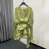 Fongt Temperament Sweet Wind Dress Woman 2025 Spring New Fashion Collar Collar Folds Solid Color Short Skirt