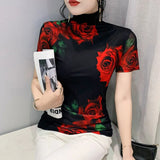 S-3XL Fixed Printing Mesh T Shirts Women Turtleneck Slim Short Sleeve Tees Lady Elegant Stretchy Floral Sheath Top T-Shirt-Outfit