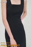 Square Collar Black Dress Women Fashion Sleeveless Solid Elegant French Midi Dresses Ladies Office