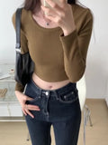 Solid Color Long-Sleeved T-Shirt Women's Early Autumn New Short Style Slim U-Tie Bottom Shirt With A Hundred Collarbone Blouse-Outfit