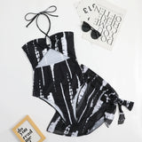 Fongt New Digital Print Lady Sexy Conjoined Hanging Neck Triangle Mesh Three-Piece Hollow-Out