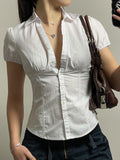 Vintage Slim Waist V Neck Short Sleeve