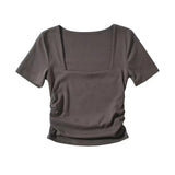 Trendy Women's T-Shirt Slim Style Square Collar Wrinkled Candy Color Short-Sleeved Elastic Blouse-Outfit