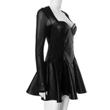 Black Long Sleeve Mesh PU Leather Mini Dress-Outfit