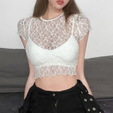 2024 Summer Fashion Trend Women's New Round Neck Short Sleeve Mesh Exposed Umbilical Repair