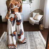 Fongt Summer New Women's Printed Sexy Breasts Loose Broad Leg Pants Two Sets