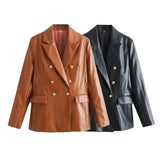 Fongt Women's Clothing 2025 Autumn New 2 Color PU Imitation Leather Double Row Buckle Long-Sleeved Blazer Women A19842