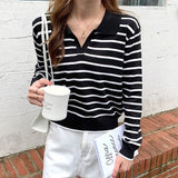 Long Sleeve striped polo collar Sweater Female Elegant Spring Autumn Casual Tops Korean Style thin Knitted Chic