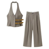 Fongt 2025 New Belt With Neck Neck Vest Style Blouse + Trousers Suit