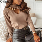 2022 Mock Neck Cutout Spring Autunm Women Sweaters Vintage Korean Fashion Knitwears Elegant Chic Lady Tops