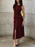 Fongt Ladies Knitted Jersey Dress Round Collar Sleeveless Button Slimming Dress