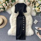 Fongt Summer New Knee Tight Elastic Knitted Dress Open Design Buckle Round Neck Dress Short Sleeve