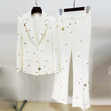 Fongt Star Fashion New Heavy Industry Metal Hole A Buckle Blazer Trouser Suit Two