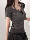 Fongt Sweet Style Simple Knitted Shirt Two Sets Of Striped Hanging Neck Hanging Sling + Half-Open Collar Long-Sleeved T-Shirt Top